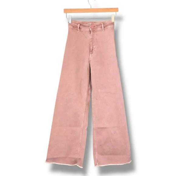 Zara Dusty Rose High Rise Flare Leg Raw Hem Stretch Denim Jeans Size 0 - Picture 2 of 6